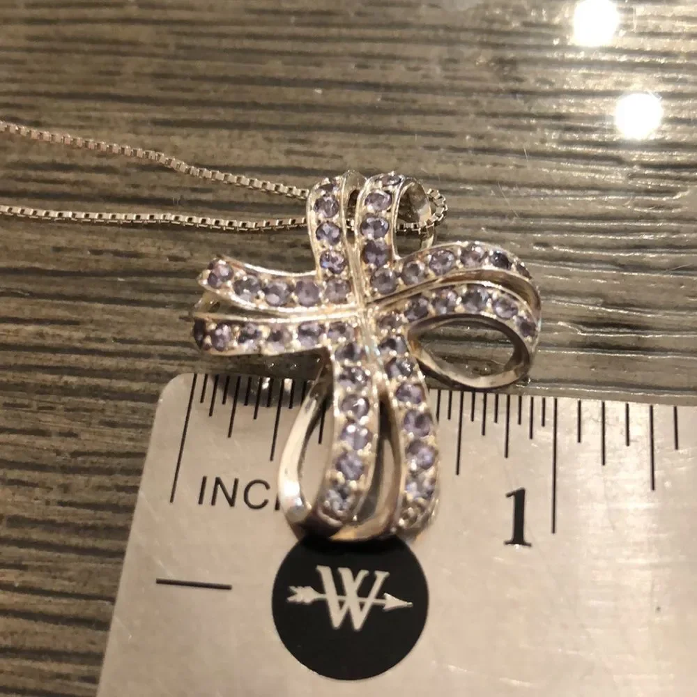 Vintage Loopy Bow Cross Necklace with Pale Purple Stones Sterling Silver